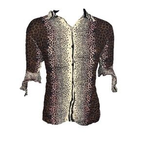 MPH Collection Animal Print Chiffon Blouse (Size: 1X, Color: Brown/Cream/Black)